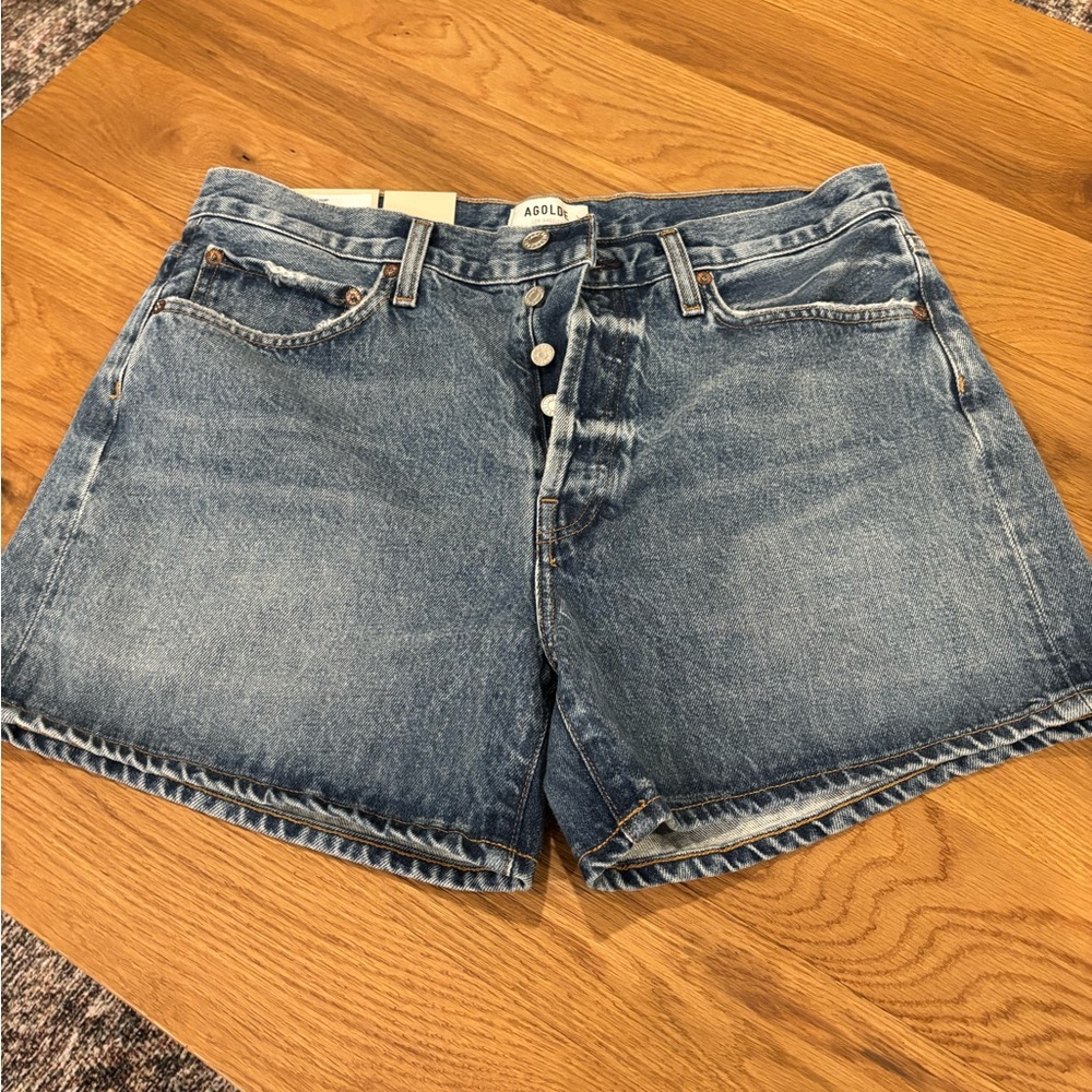 Agolde Blue Jean Shorts High-Waisted Raw Hem